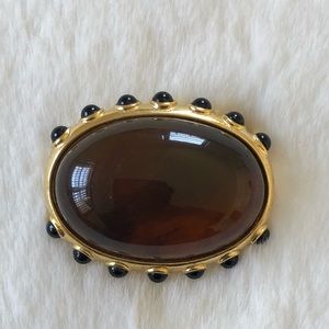 Gold and Amber Tone w/ Black Pearl Oval Pin Brooch